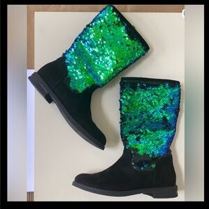 Girls Cupcake Couture Sz 1 Mid-Calf Boots Black Suede and Mermaid Green Sequins